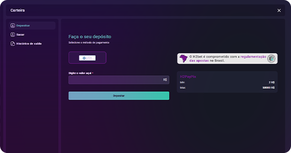 Sessão de depósito no site do H2bet