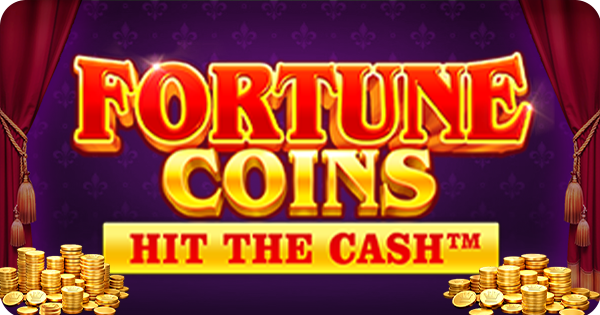 Um banner de jogo de cassino vibrante com o título "FORTUNE COINS" em letras douradas e vermelhas em destaque, e "HIT THE CASH™" logo abaixo em um painel dourado. O fundo é um luxuoso tecido roxo com um padrão sutil de flor de lis, emoldurado por cortinas de veludo vermelho drapeadas nas laterais. Pilhas de moedas de ouro e gemas brilhantes estão espalhadas na parte inferior da imagem, simbolizando riqueza e ganhos.