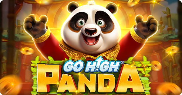 Logotipo do jogo 'Go High Panda' da RubyPlay, exibindo um panda amigável com os braços levantados e uma expressão alegre. O panda veste uma roupa vermelha e dourada. A palavra 'Go High' está em azul e 'Panda' em verde e amarelo. O fundo dourado e brilhante com elementos que lembram moedas flutuantes indica um jogo de caça-níqueis com temática asiática e de pandas.