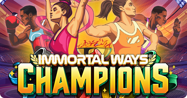 Logotipo do jogo 'Immortal Ways Champions' da RubyPlay, mostrando quatro atletas diversos em poses dinâmicas: um boxeador, uma levantadora de peso, uma corredora e um artista marcial. A frase 'Immortal Ways' está no topo e 'Champions' na parte inferior, ambas em letras vibrantes e atléticas. O fundo é um estádio esportivo iluminado, com a pista de atletismo visível e uma chama olímpica, indicando um caça-níqueis com tema de esportes e competição.