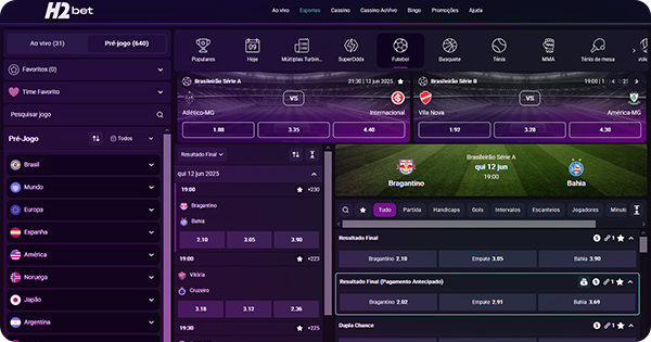 Sessão de esportes no site do H2bet
