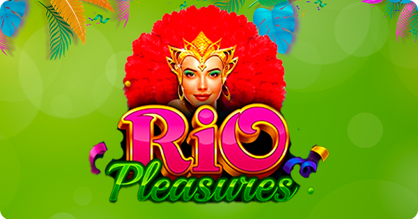 Logotipo do jogo 'Rio Pleasures' da RubyPlay, com uma mulher sorridente usando um adereço de cabeça extravagante de penas vermelhas e douradas, remetendo a uma rainha de bateria de carnaval. A palavra 'Rio' é grande e vibrante em tons de rosa e roxo, e 'Pleasures' está logo abaixo em verde. O fundo verde claro é decorado com folhas de palmeira e confetes coloridos, evocando a alegria e a energia do Carnaval do Rio.