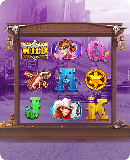 Um slot de cassino "Wild West Gold" vibrante com um tema do Velho Oeste. A tela do jogo apresenta nove símbolos distintos dispostos em uma grade 3x3 dentro de uma moldura de madeira adornada com crânios de touro e lanternas. Os símbolos incluem um logotipo "WILD" dourado e brilhante, uma mulher com um chapéu de cowboy e um revólver, uma mulher com um lenço cor-de-rosa, um distintivo de xerife dourado, um coldre com um revólver, e as letras estilizadas "A", "K", "Q" e "J" adornadas com elementos do Velho Oeste. O fundo do jogo é um cenário desértico com construções de madeira típicas do Velho Oeste sob um céu roxo. A imagem geral é rica em cores e detalhes, evocando uma atmosfera de aventura e faroeste.